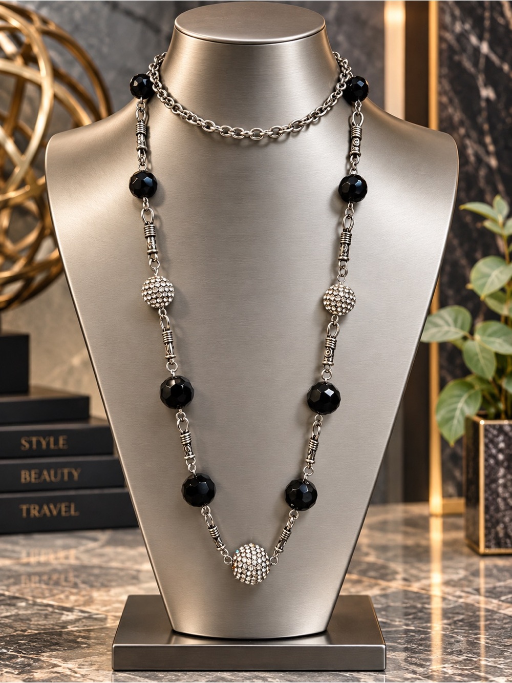Elegant Black Beaded Silver-Accent Necklace